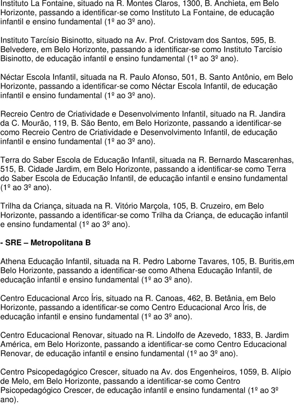 Cristovam dos Santos, 595, B. Belvedere, em Belo Horizonte, passando a identificar-se como Instituto Tarcísio Bisinotto, de Néctar Escola Infantil, situada na R. Paulo Afonso, 501, B.