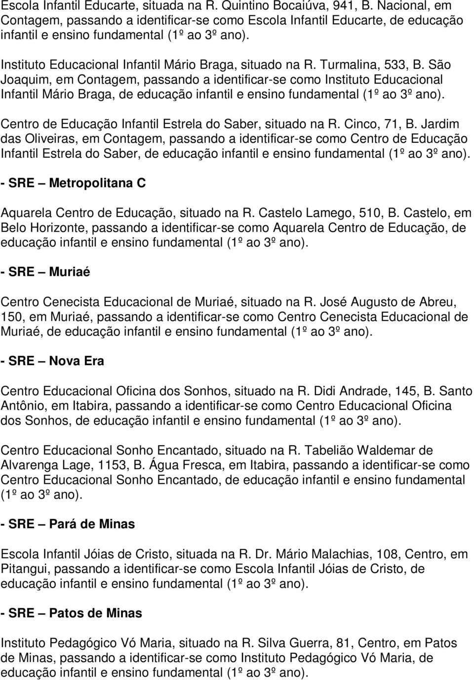 Turmalina, 533, B. São Joaquim, em Contagem, passando a identificar-se como Instituto Educacional Infantil Mário Braga, de Centro de Educação Infantil Estrela do Saber, situado na R. Cinco, 71, B.