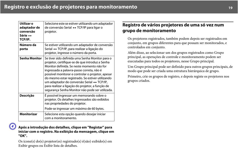 Se estiver utilizando um adaptador de conversão Serial W TCP/IP, para realizar a ligação do projetor, ingresse o número da porta.