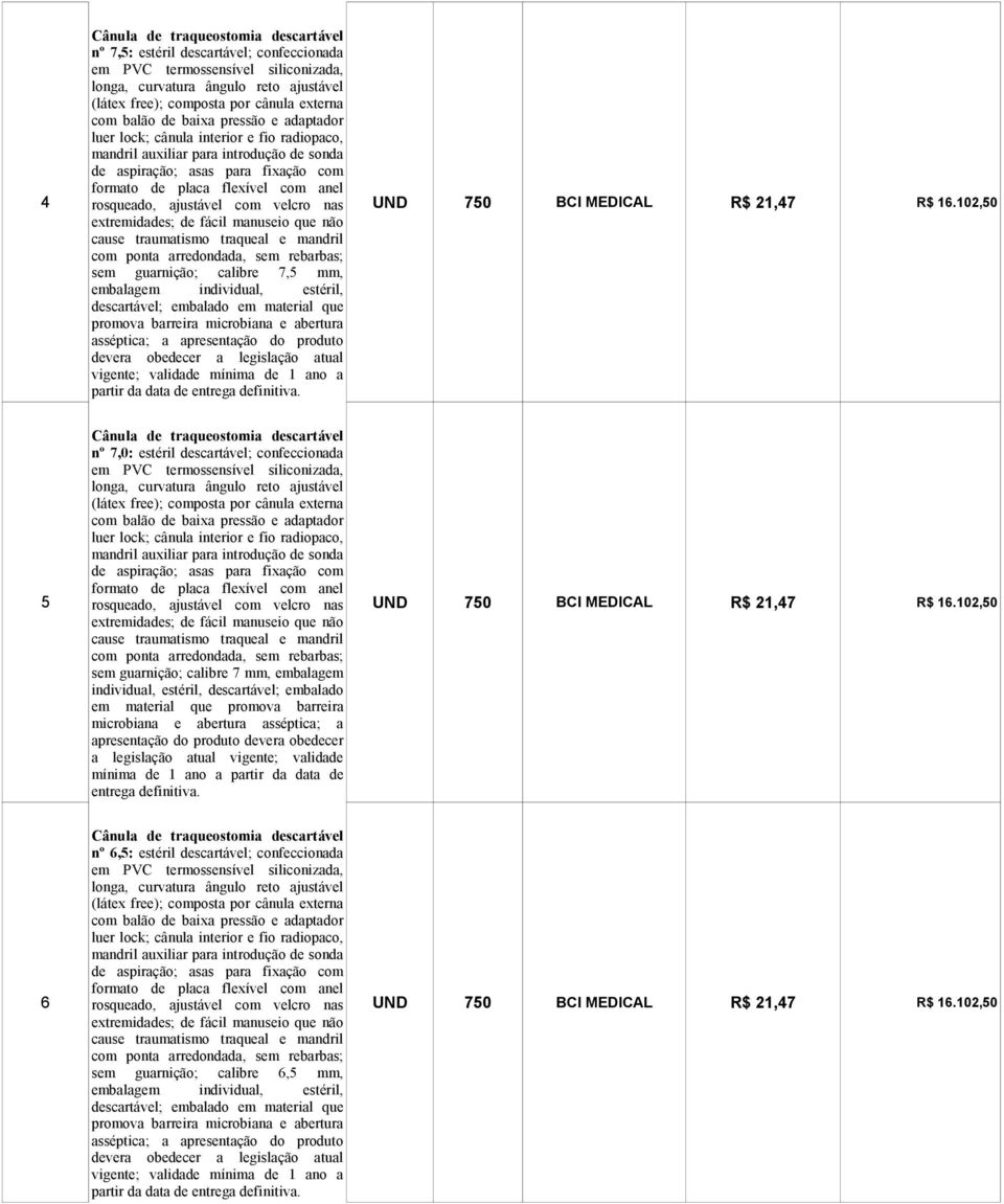 a legislação atual vigente; validade mínima de 1 ano a Cânula de traqueostomia descartável nº 7,0: estéril descartável; confeccionada 5 rosqueado, ajustável com velcro nas UND 750 R$ 21,47 R$ 16.