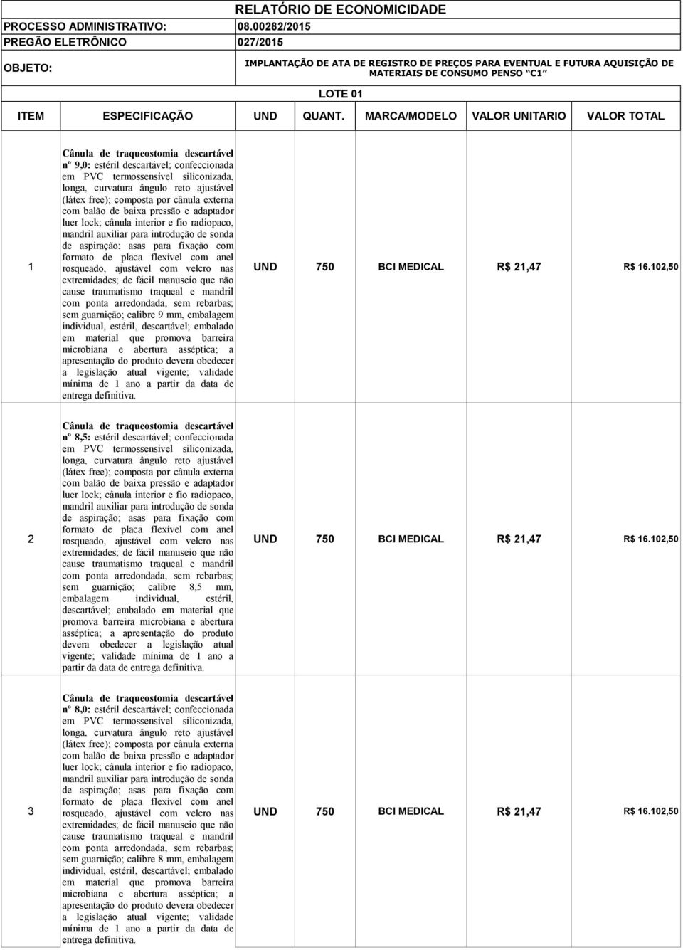 MARCA/MODELO VALOR UNITARIO VALOR TOTAL Cânula de traqueostomia descartável nº 9,0: estéril descartável; confeccionada 1 rosqueado, ajustável com velcro nas UND 750 R$ 21,47 R$ 16.