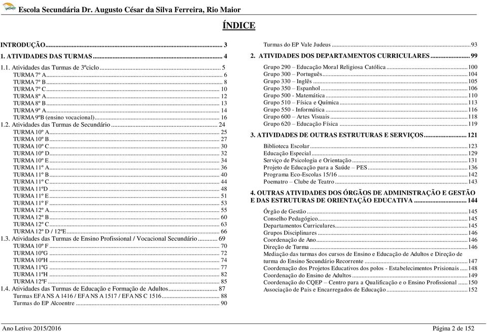 .. 36 TURMA 11º B... 40 TURMA 11º C... 44 TURMA 11ºD... 48 TURMA 11º E... 51 TURMA 11º F... 53 TURMA 12º A... 55 TURMA 12º B... 60 TURMA 12º C... 63 TURMA 12º D / 12ºE... 66 1.3. Atividades das Turmas de Ensino Profissional / Vocacional Secundário.