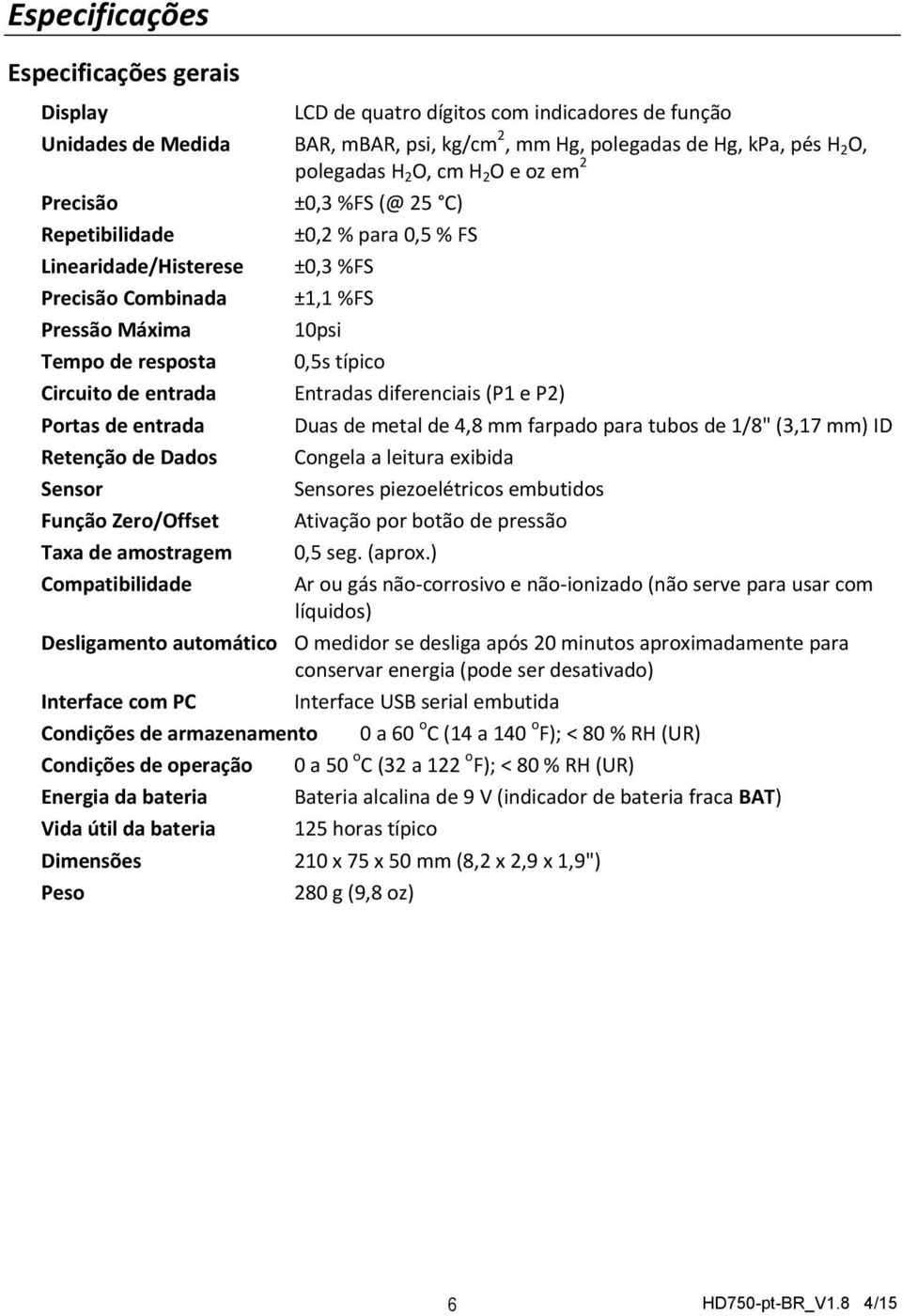 entrada Entradas diferenciais (P1 e P2) Portas de entrada Duas de metal de 4,8 mm farpado para tubos de 1/8" (3,17 mm) ID Retenção de Dados Congela a leitura exibida Sensor Sensores piezoelétricos