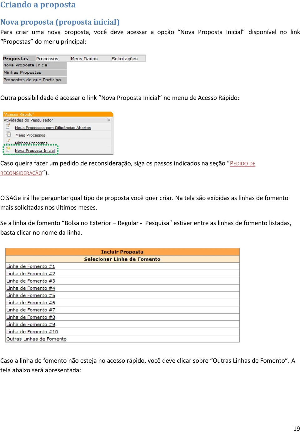 O SAGe irá lhe perguntar qual tipo de proposta você quer criar. Na tela são exibidas as linhas de fomento mais solicitadas nos últimos meses.