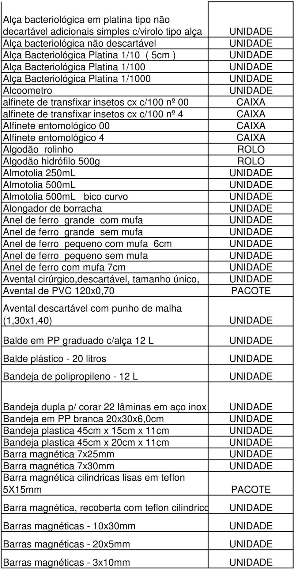 rolinho Algodão hidrófilo 500g Almotolia 250mL Almotolia 500mL Almotolia 500mL bico curvo Alongador de borracha Anel de ferro grande com mufa Anel de ferro grande sem mufa Anel de ferro pequeno com