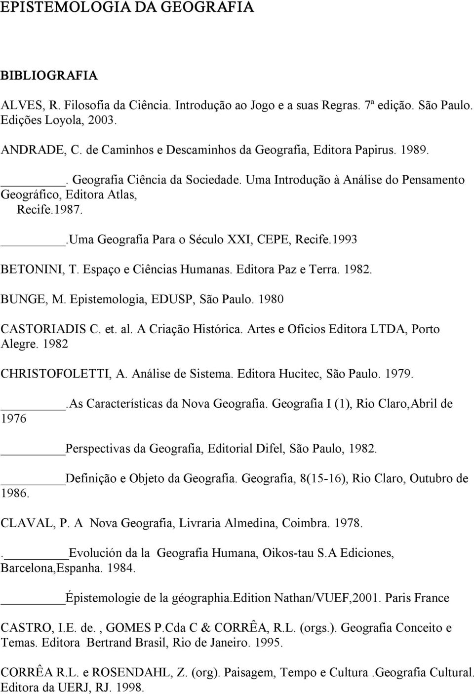 .Uma Geografia Para o Século XXI, CEPE, Recife.1993 BETONINI, T. Espaço e Ciências Humanas. Editora Paz e Terra. 1982. BUNGE, M. Epistemologia, EDUSP, São Paulo. 1980 CASTORIADIS C. et. al.