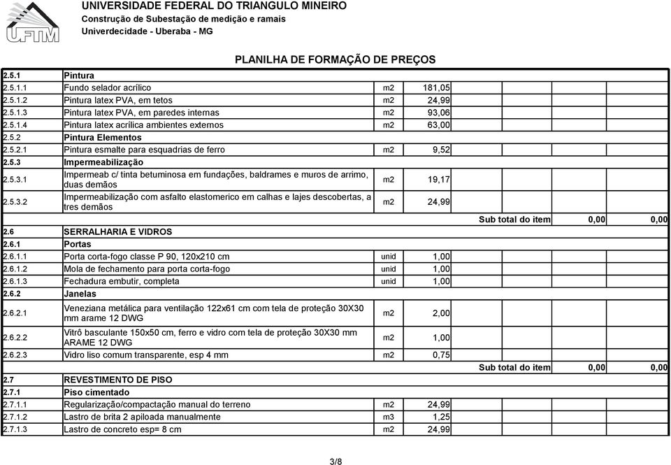 5.3.2 Impermeabilização com asfalto elastomerico em calhas e lajes descobertas, a tres demãos m2 24,99 2.6 SERRALHARIA E VIDROS 2.6.1 Portas 2.6.1.1 Porta corta-fogo classe P 90, 120x210 cm 2.6.1.2 Mola de fechamento para porta corta-fogo 2.