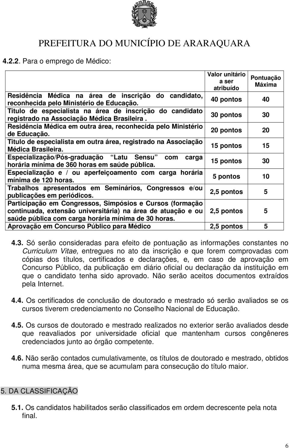 20 pontos 20 Titulo de especialista em outra área, registrado na Associação Médica Brasileira.