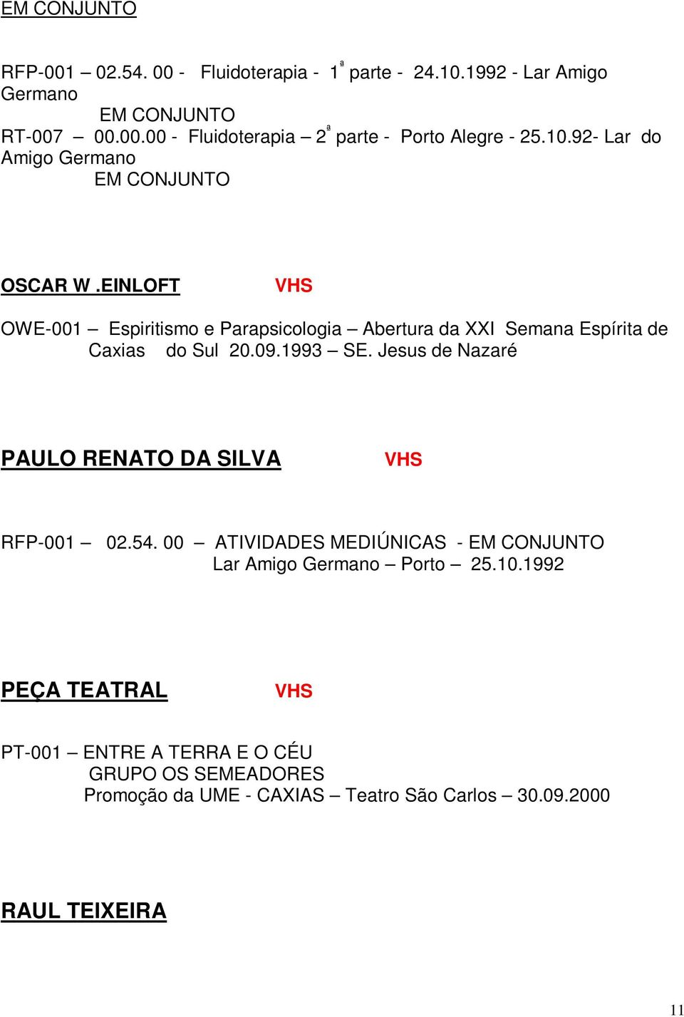 09.1993 SE. Jesus de Nazaré PAULO RENATO DA SILVA RFP-001 02.54. 00 ATIVIDADES MEDIÚNICAS - EM CONJUNTO Lar Amigo Germano Porto 25.10.