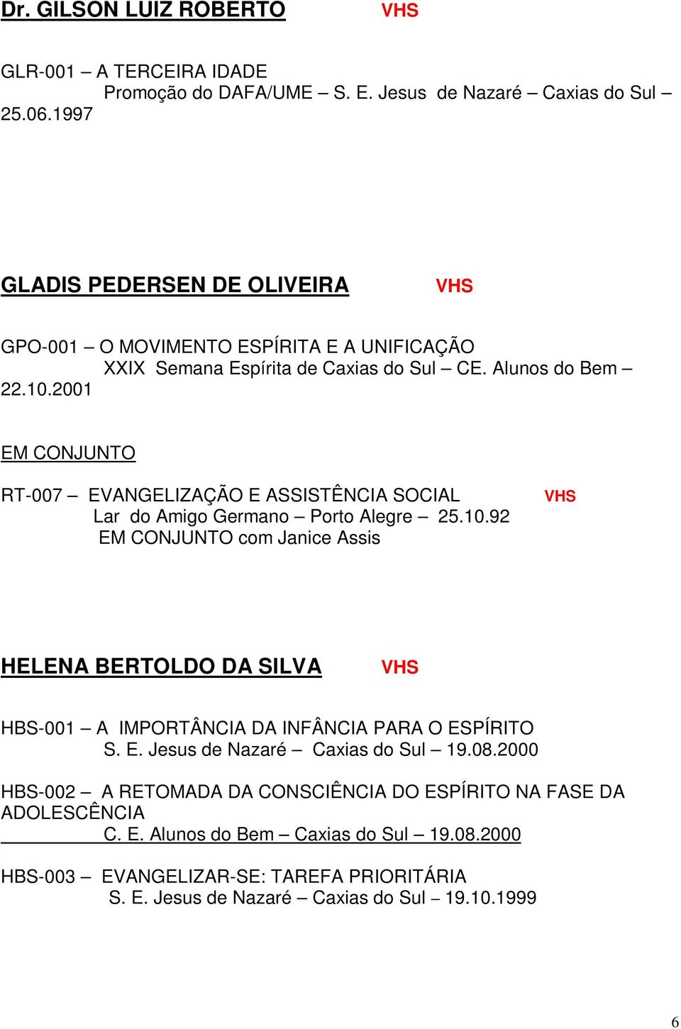 2001 EM CONJUNTO RT-007 EVANGELIZAÇÃO E ASSISTÊNCIA SOCIAL Lar do Amigo Germano Porto Alegre 25.10.