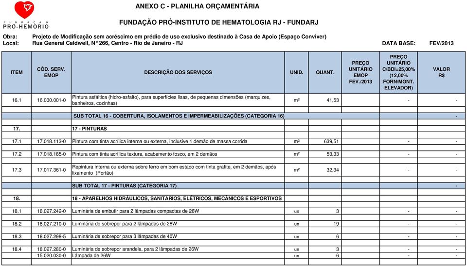 E IMPERMEABILIZAÇÕES (CATEGORIA 16) 17.1 17.018.1130 Pintura com tinta acrílica interna ou externa, inclusive 1 demão de massa corrida m² 639,51 17.2 17.018.1850 Pintura com tinta acrílica textura, acabamento fosco, em 2 demãos m² 53,33 17.