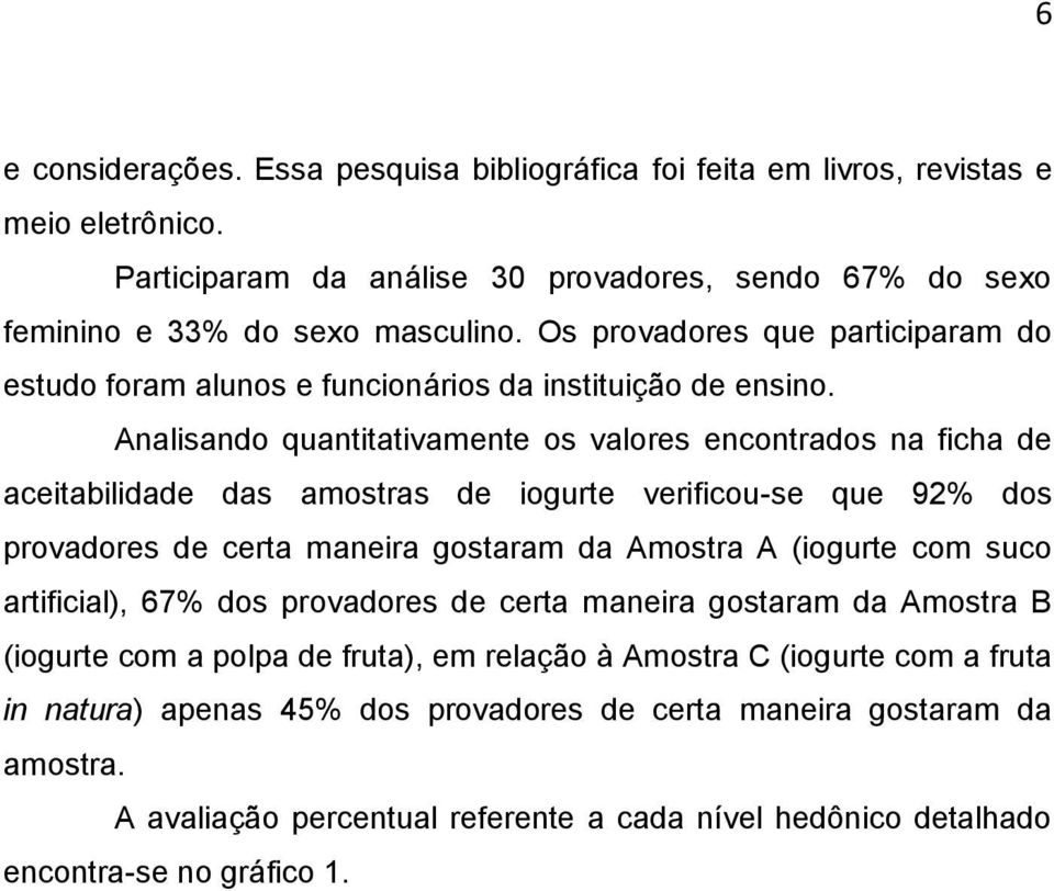 Analisando quantitativamente os valores encontrados na ficha de aceitabilidade das amostras de iogurte verificou-se que 92% dos provadores de certa maneira gostaram da Amostra A (iogurte com suco