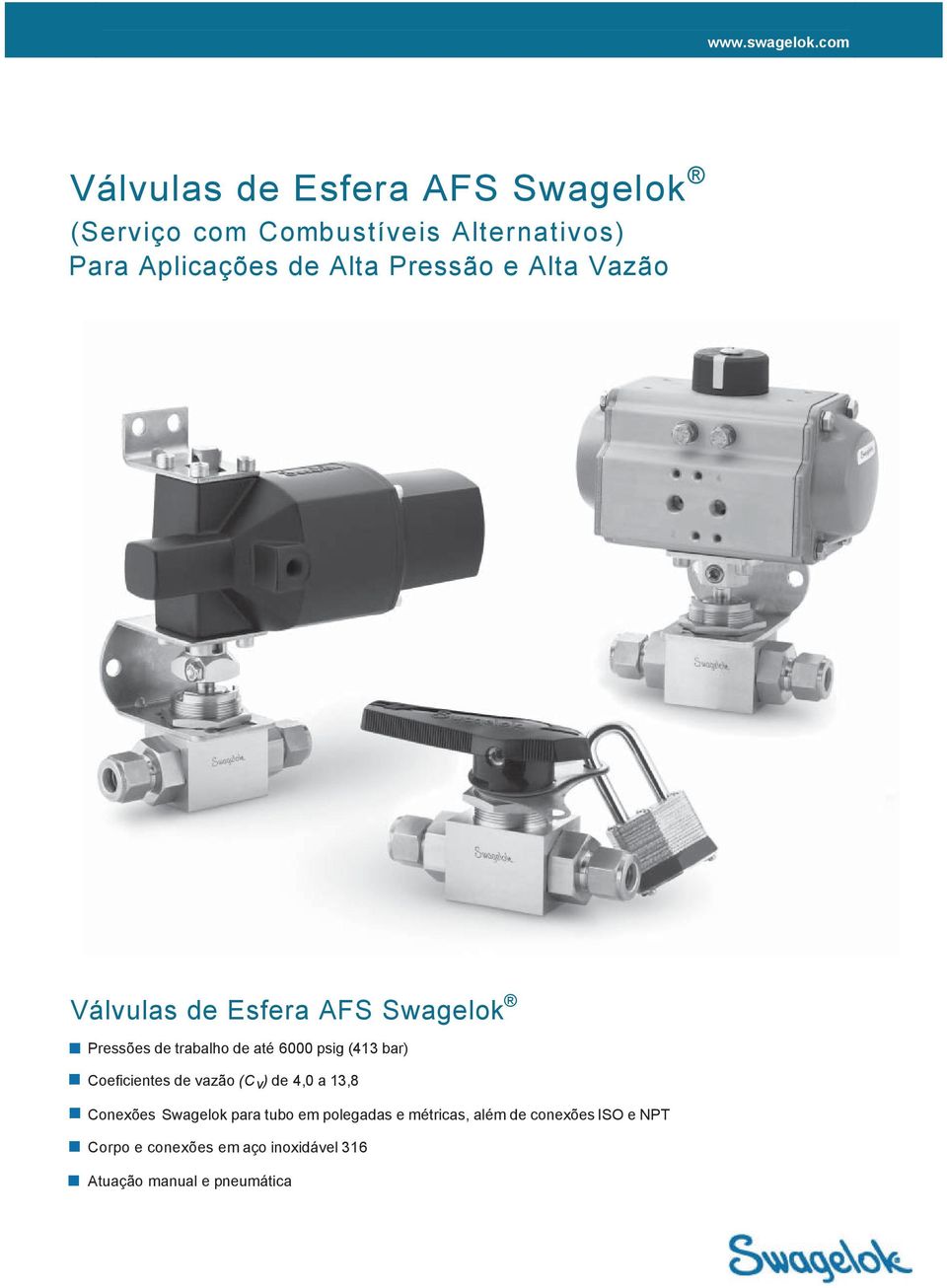 Pressão e Alta Vazão Válvulas de Esfera AFS Swagelok Pressões de trabalho de até 6000 psig (413 bar)