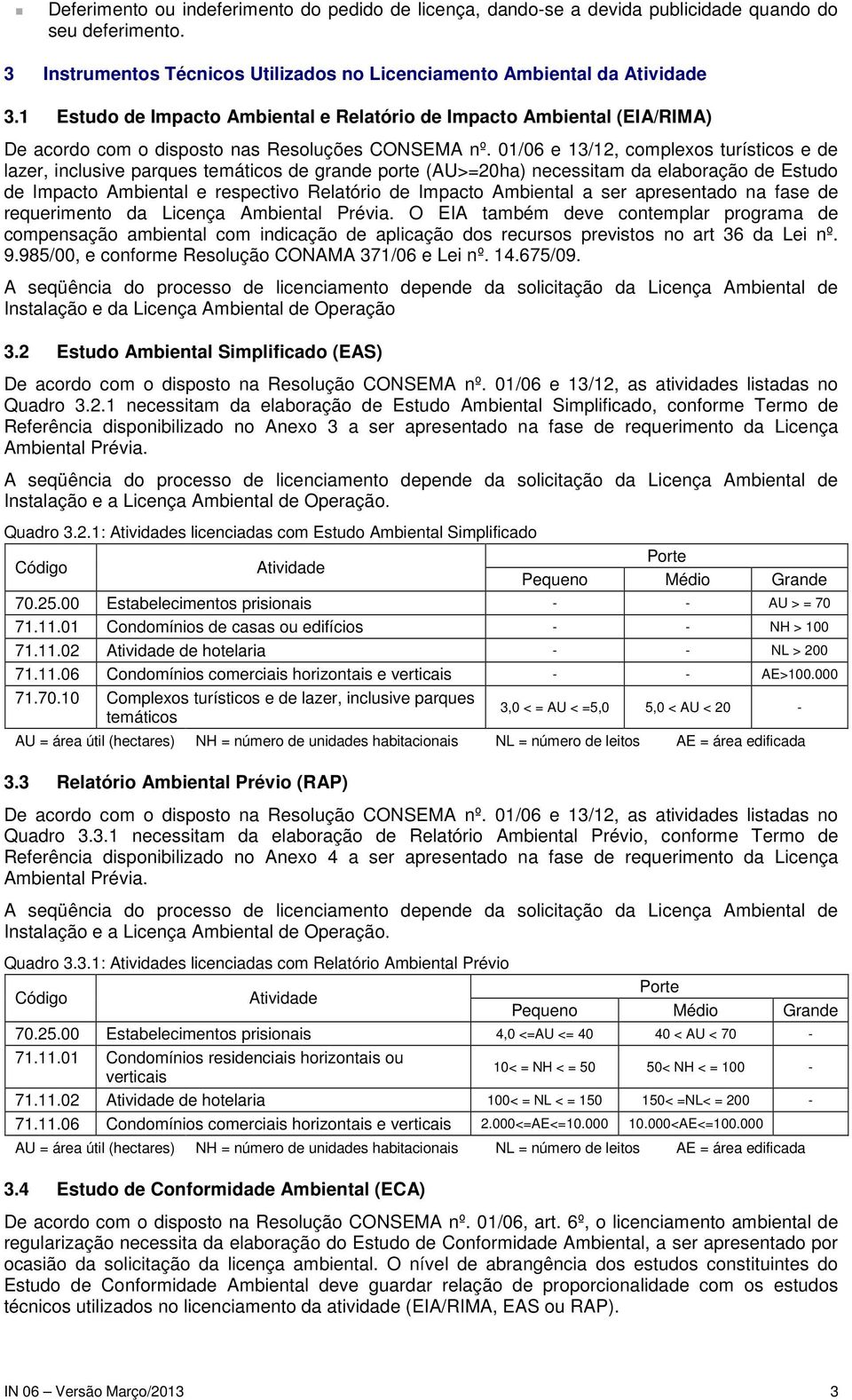 01/06 e 13/12, complexos turísticos e de lazer, inclusive parques temáticos de grande porte (AU>=20ha) necessitam da elaboração de Estudo de Impacto Ambiental e respectivo Relatório de Impacto