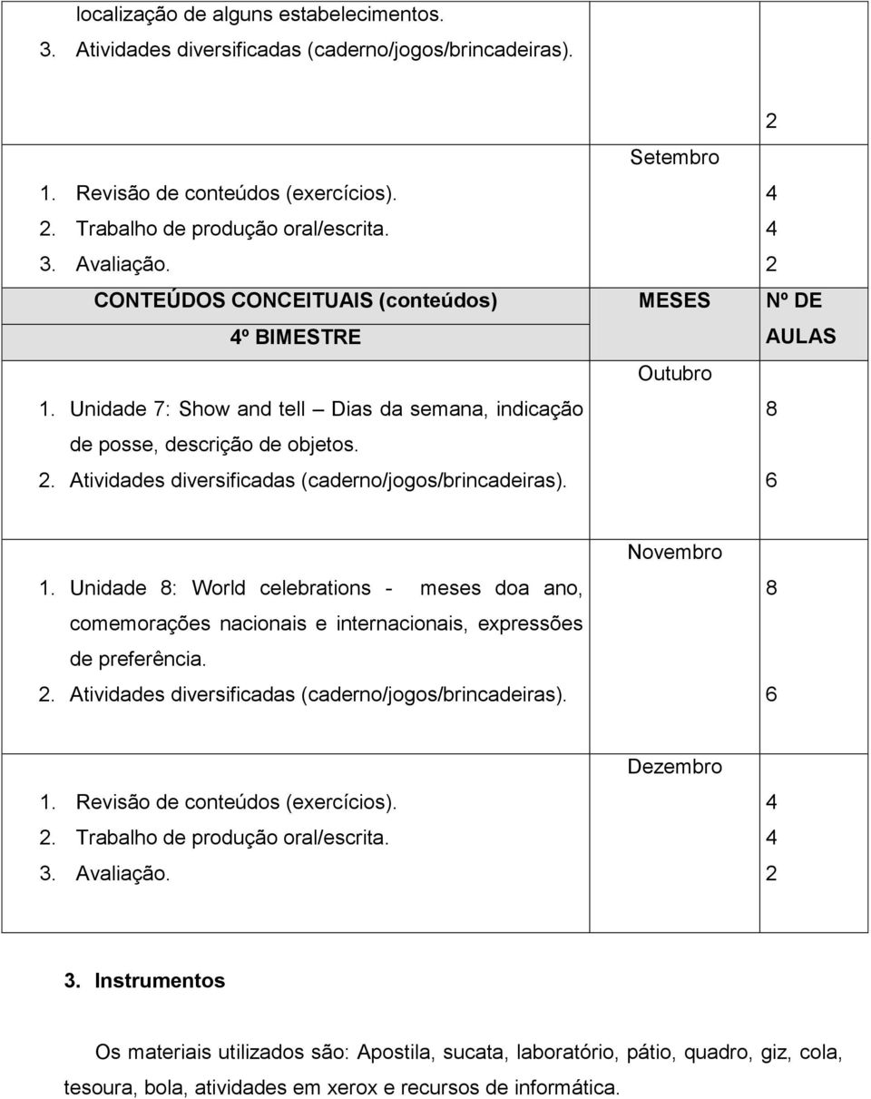 Outubro AULAS 1. Unidade : World celebrations - meses doa ano, comemorações nacionais e internacionais, expressões de preferência.. Atividades diversificadas (caderno/jogos/brincadeiras). Novembro 1.