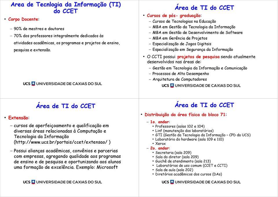 Cursos de pós- graduação: Cursos de Tecnologias na Educação MBA em Gestão da Tecnologia da Informação MBA em Gestão de Desenvolvimento de Software MBA em Gerência de Projetos Especialização de Jogos