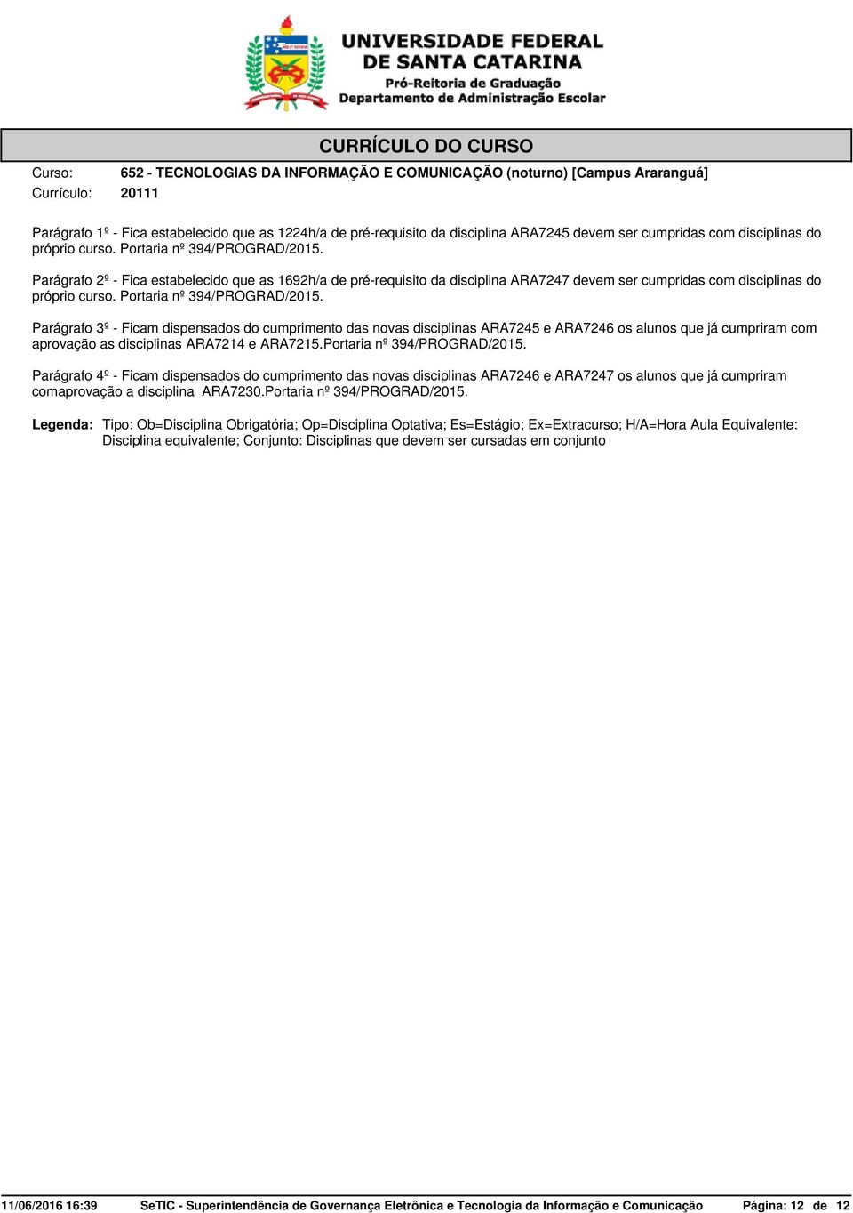 Parágrafo 3º - Ficam dispensados do cumprimento das novas disciplinas ARA7245 e ARA7246 os alunos que já cumpriram com aprovação as disciplinas ARA7214 e ARA7215.Portaria nº 394/PROGRAD/2015.