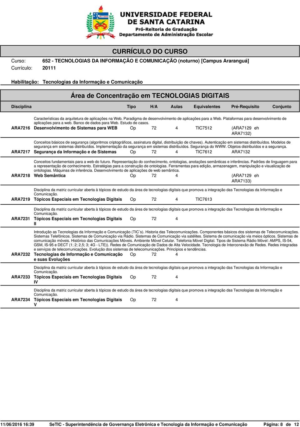 ARA7216 Desenvolvimento de Sistemas para WEB TIC7512 (ARA7129 ARA7132) eh Conceitos básicos de segurança (algoritmos criptográficos, assinatura digital, distribuição de chaves).