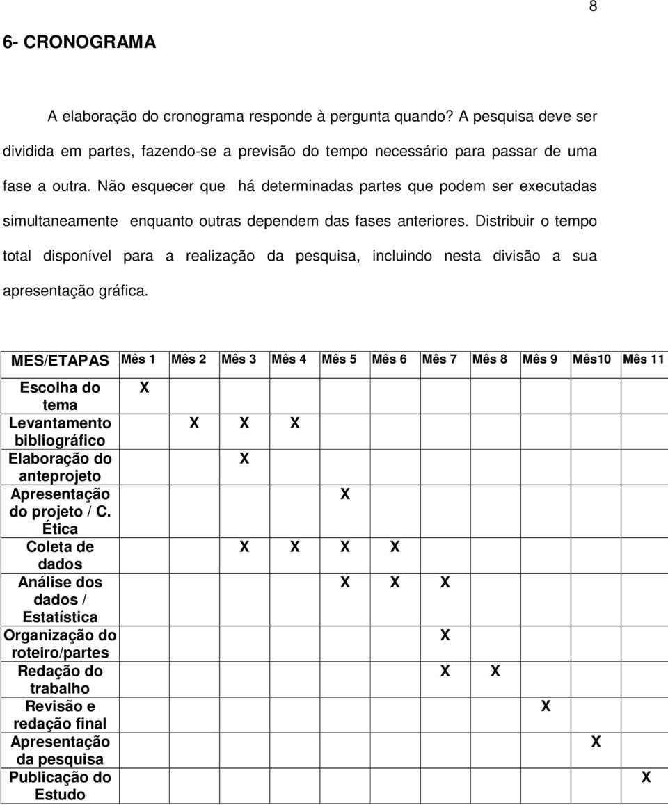 Distribuir o tempo total disponível para a realização da pesquisa, incluindo nesta divisão a sua apresentação gráfica.