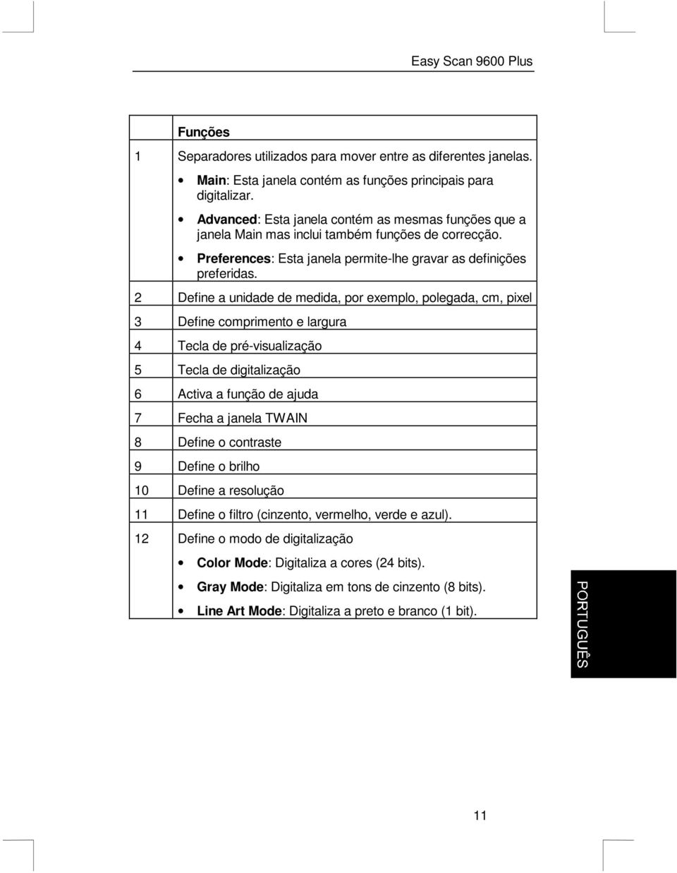 2 Define a unidade de medida, por exemplo, polegada, cm, pixel 3 Define comprimento e largura 4 Tecla de pré-visualização 5 Tecla de digitalização 6 Activa a função de ajuda 7 Fecha a janela TWAIN 8