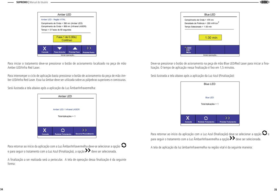 Será ilustrada a tela abaixo após a aplicação da Luz Azul (Finalização): Será ilustrada a tela abaixo após a aplicação da Luz Âmbar/Infravermelha: Para retornar ao início da aplicação com a Luz Azul