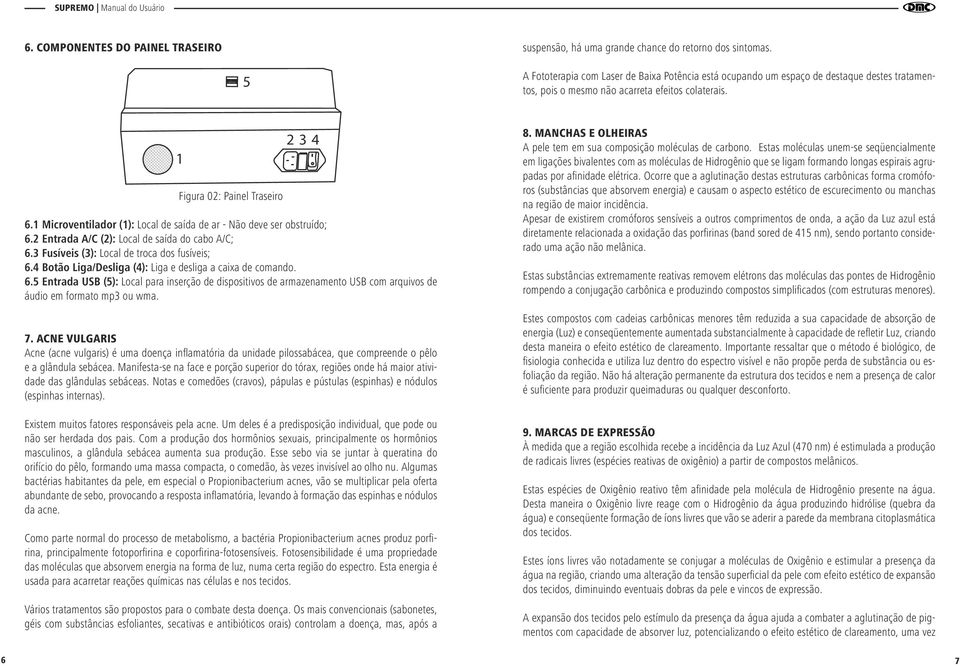 1 Microventilador (1): Local de saída de ar - Não deve ser obstruído; 6.2 Entrada A/C (2): Local de saída do cabo A/C; 6.3 Fusíveis (3): Local de troca dos fusíveis; 6.