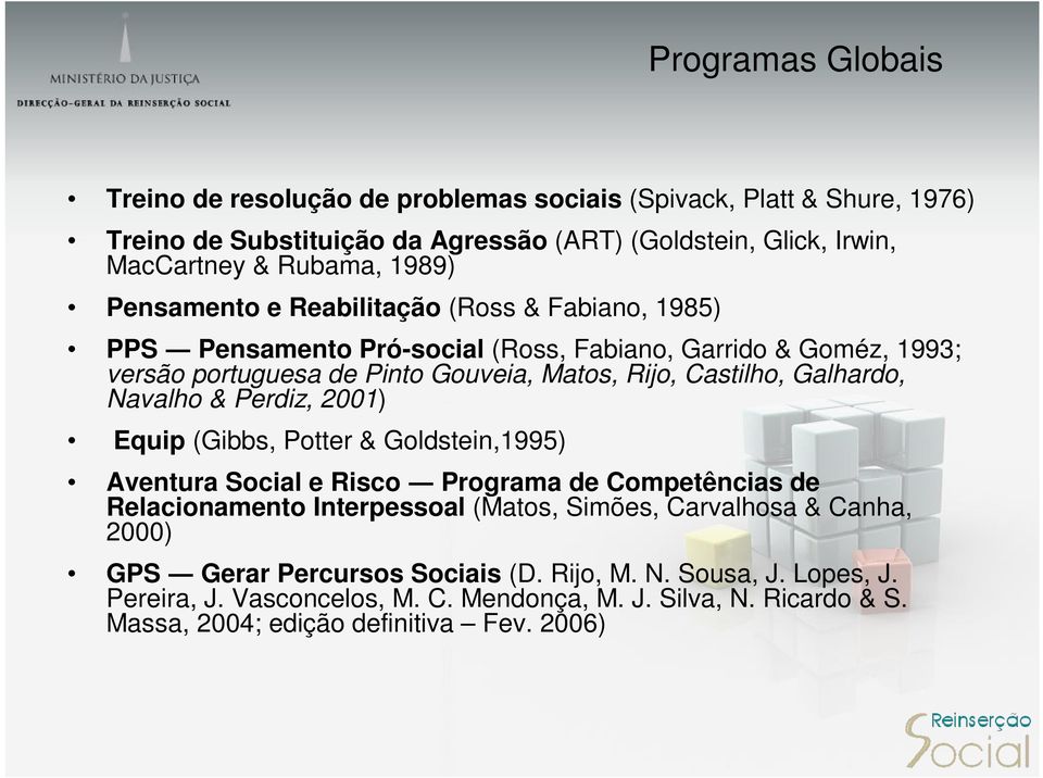 Galhardo, Navalho & Perdiz, 2001) Equip (Gibbs, Potter & Goldstein,1995) Aventura Social e Risco Programa de Competências de Relacionamento Interpessoal (Matos, Simões, Carvalhosa &