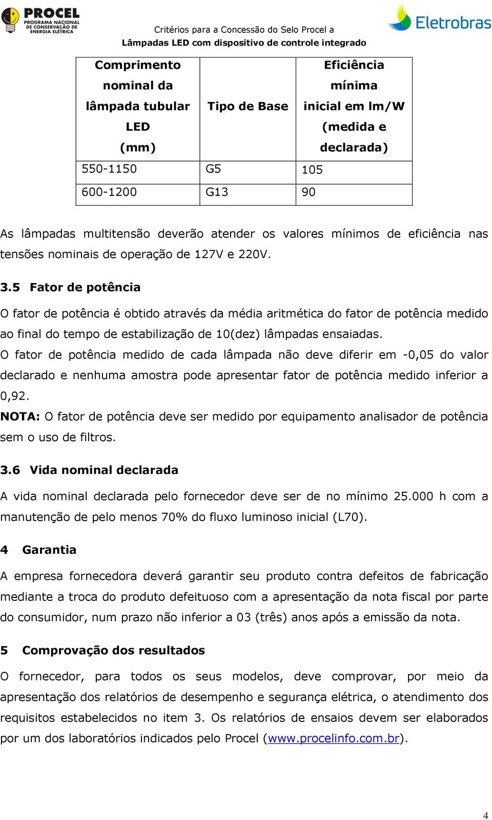 5 Fator de potência O fator de potência é obtido através da média aritmética do fator de potência medido ao final do tempo de estabilização de 10(dez) lâmpadas ensaiadas.