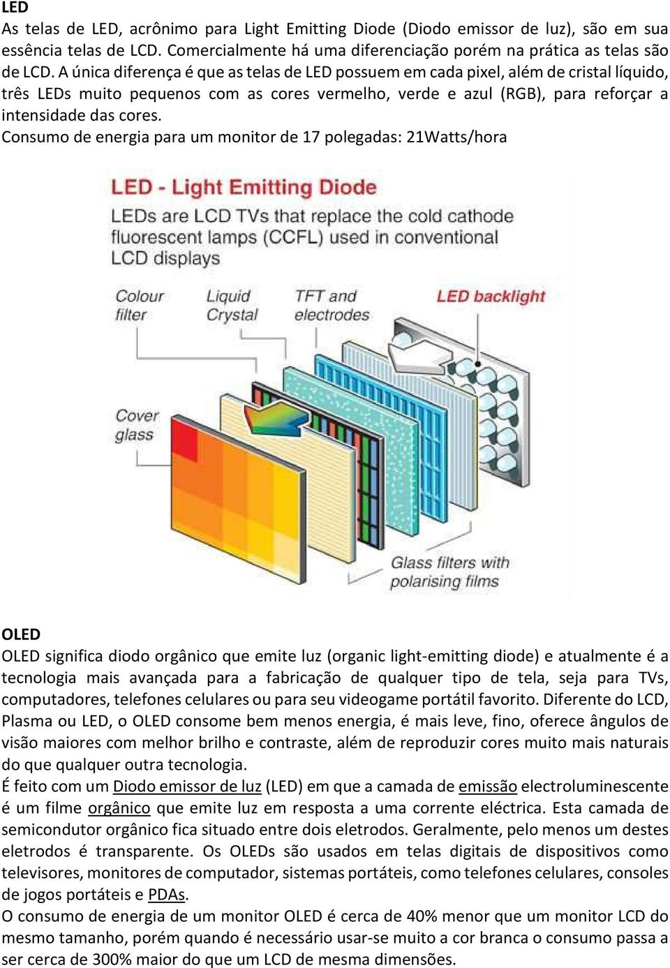 Consumo de energia para um monitor de 17 polegadas: 21Watts/hora OLED OLED significa diodo orgânico que emite luz (organic light-emitting diode) e atualmente é a tecnologia mais avançada para a