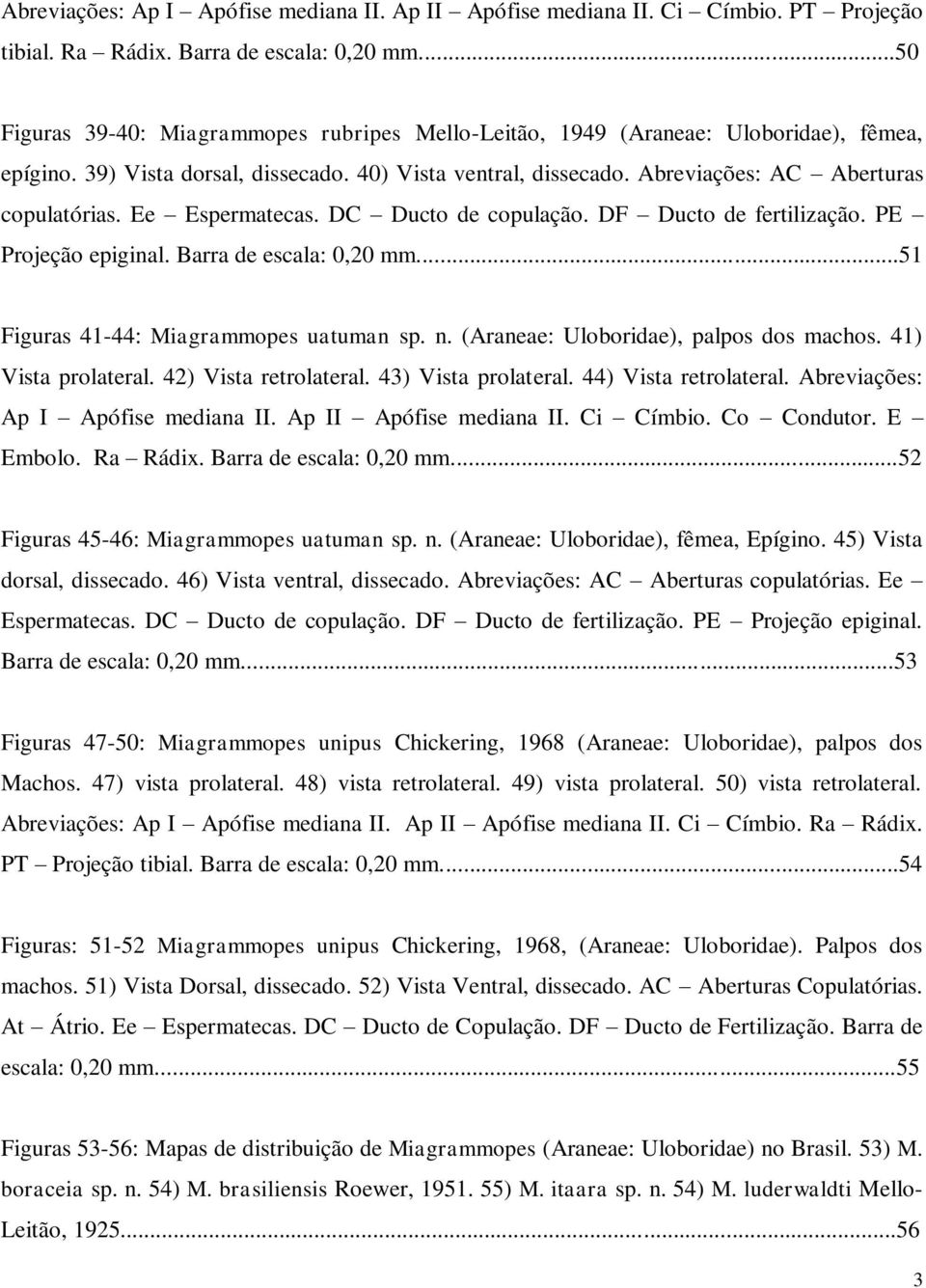 Ee Espermatecas. DC Ducto de copulação. DF Ducto de fertilização. PE Projeção epiginal. Barra de escala: 0,20 mm...51 Figuras 41-44: Miagrammopes uatuman sp. n.