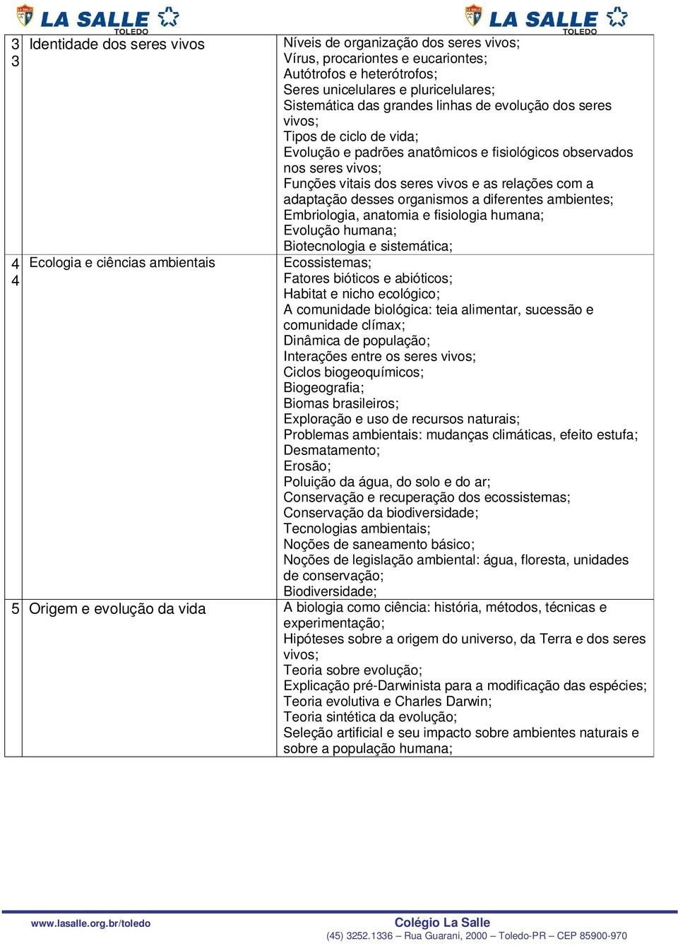 vivos e as relações com a adaptação desses organismos a diferentes ambientes; Embriologia, anatomia e fisiologia humana; Evolução humana; Biotecnologia e sistemática; Ecossistemas; Fatores bióticos e