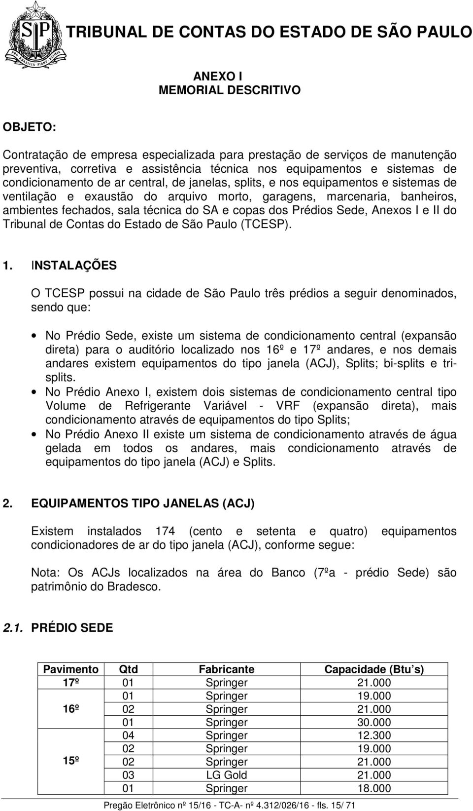 copas dos Prédios Sede, Anexos I e II do Tribunal de Contas do Estado de São Paulo (TCESP). 1.