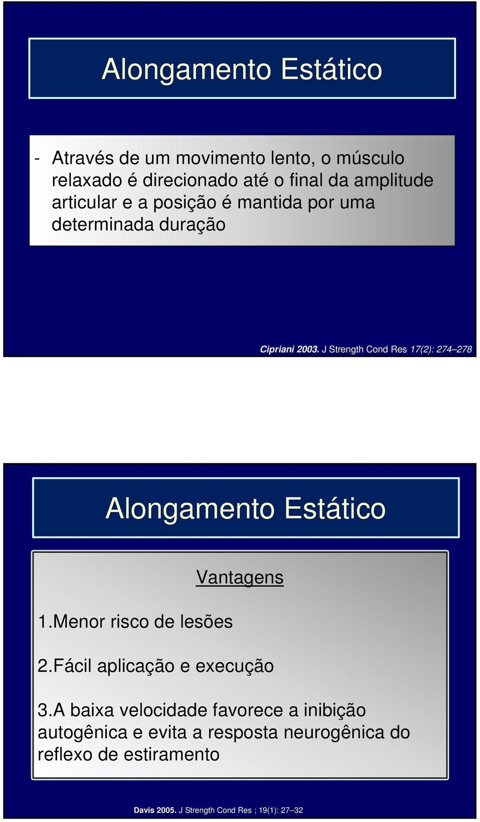 J Strength Cond Res 17(2): 274 278 Alongamento Estático 1.Menor risco de lesões Vantagens 2.