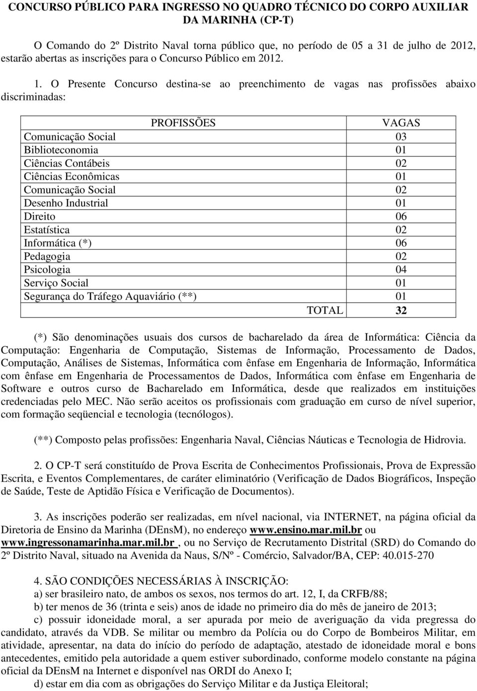 O Presente Concurso destina-se ao preenchimento de vagas nas profissões abaixo discriminadas: PROFISSÕES Comunicação Social 03 Biblioteconomia 01 Ciências Contábeis 02 Ciências Econômicas 01