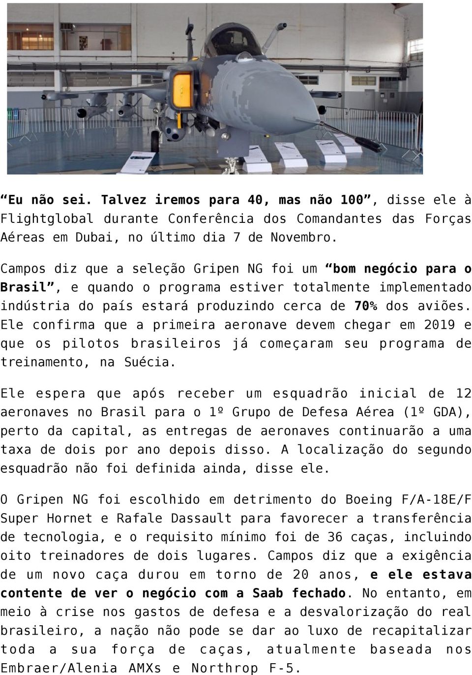 Ele confirma que a primeira aeronave devem chegar em 2019 e que os pilotos brasileiros já começaram seu programa de treinamento, na Suécia.