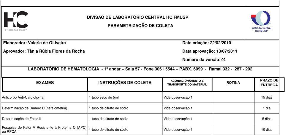 Determinação de Dímero D (nefelometria) 1 tubo de citrato de sódio Vide observação 1 Determinação de Fator II