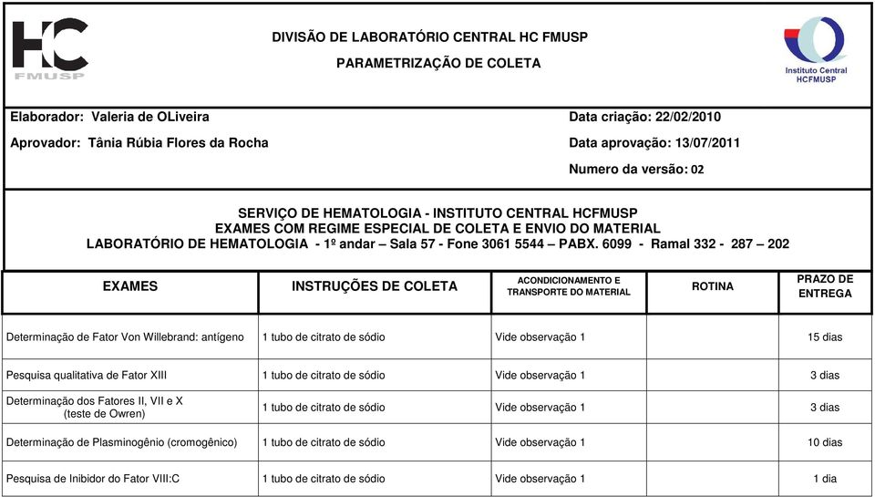 Fator XIII 1 tubo de citrato de sódio Vide observação 1 3 dias Determinação dos Fatores II, VII e X (teste de Owren) 1 tubo de citrato de sódio Vide