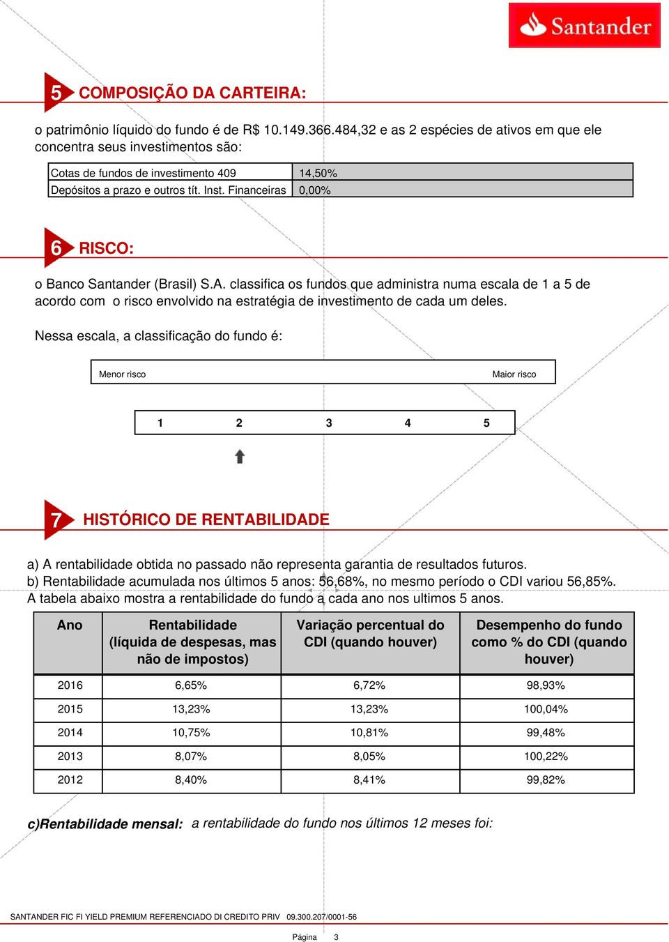 Financeiras 0,00% 6 RISCO: o Banco Santander (Brasil) S.A. classifica os fundos que administra numa escala de 1 a 5 de acordo com o risco envolvido na estratégia de investimento de cada um deles.