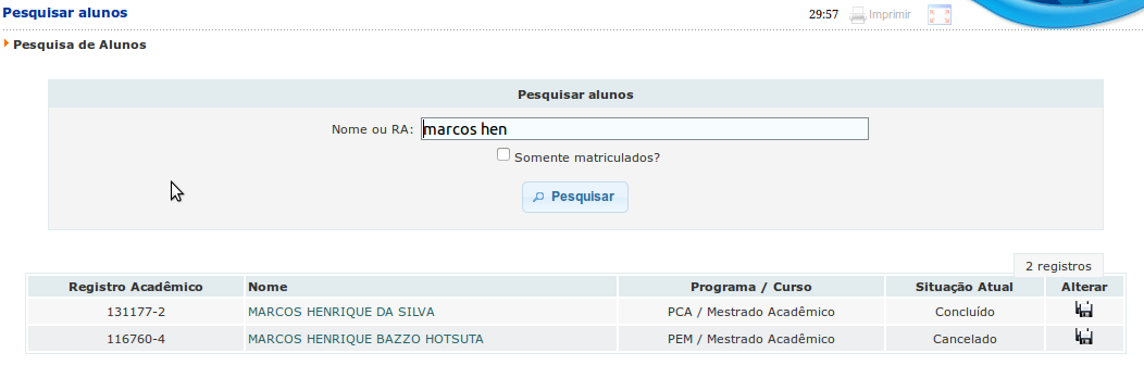 Selecionando o aluno o seu Assentamento Escolar será aberto, os documentos poderão ser consultados na tela e também existe a opção de imprimir ou salvar em PDF.