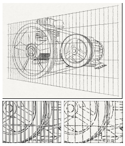 Figura 4.9: Topo: Desenho simplificado de uma área de visão complexa. Inferior esquerdo: visão close-up com todas as linhas visíveis mostrando a complexidade visual não desejada.