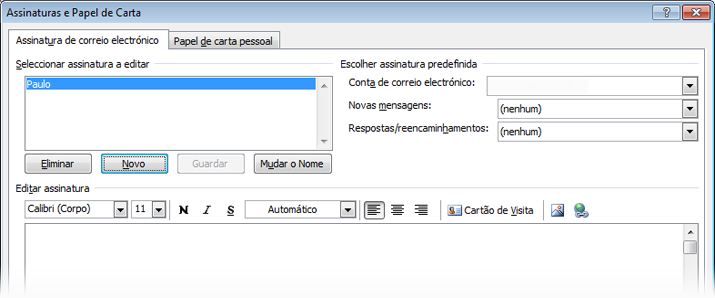 Criar uma assinatura de correio electrónico Comece por abrir uma nova mensagem. No separador Mensagem, no grupo Incluir, clique em Assinatura e, em seguida, clique em Assinaturas.