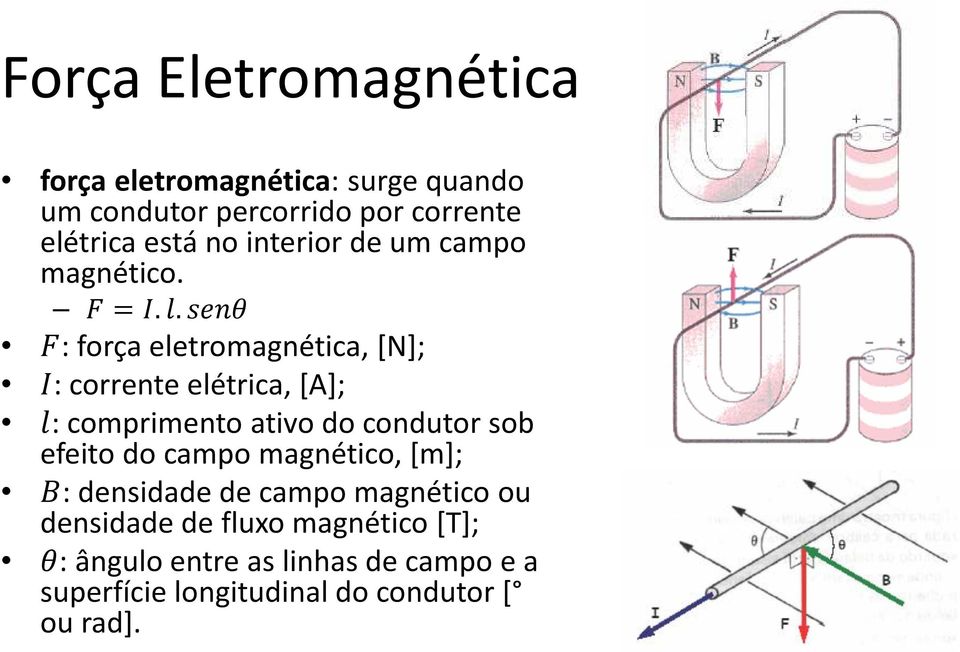 .= <: força eletromagnética, [N]; $: corrente elétrica, [A]; : comprimento ativo do condutor sob efeito do