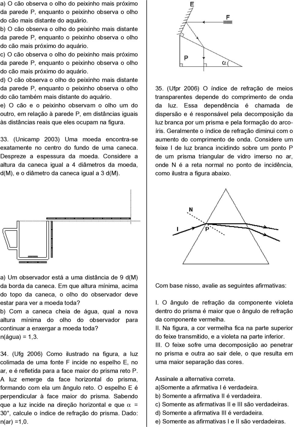 c) O cão observa o olho do peixinho mais próximo da parede P, enquanto o peixinho observa o olho do cão mais próximo do aquário.