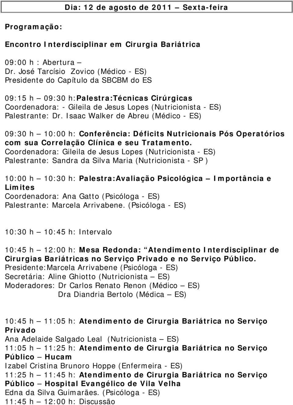 Isaac Walker de Abreu (Médico - ES) 09:30 h 10:00 h: Conferência: Déficits Nutricionais Pós Operatórios com sua Correlação Clínica e seu Tratamento.