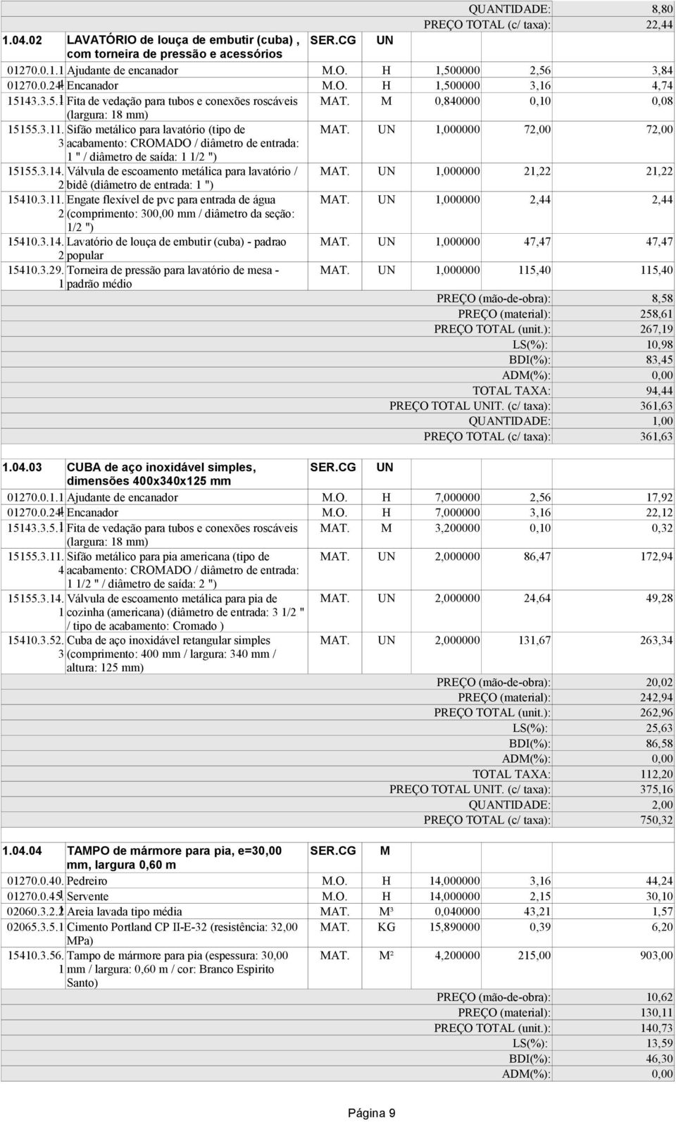 UN,000000 72,00 72,00 3 acabamento: CROMADO / diâmetro de entrada: " / diâmetro de saída: /2 ") 555.3.4. Válvula de escoamento metálica para lavatório / MAT.