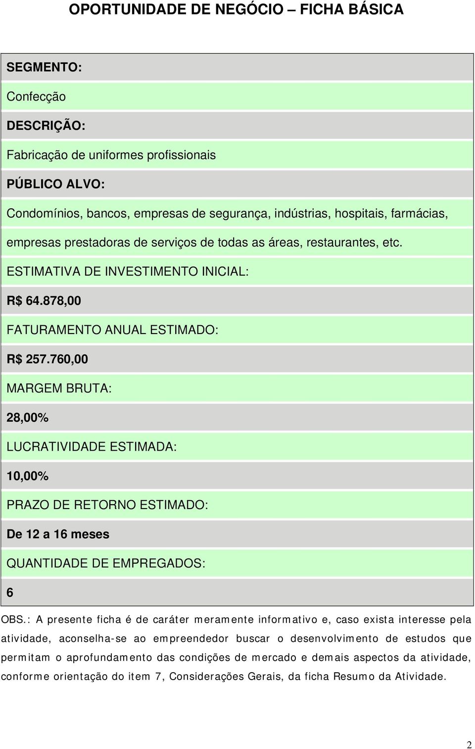 760,00 MARGEM BRUTA: 28,00% LUCRATIVIDADE ESTIMADA: 10,00% PRAZO DE RETORNO ESTIMADO: De 12 a 16 meses QUANTIDADE DE EMPREGADOS: 6 OBS.