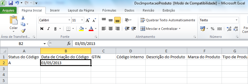 Como carregar lista de produtos em lote - Em seguida, a data de quando o código GTIN foi