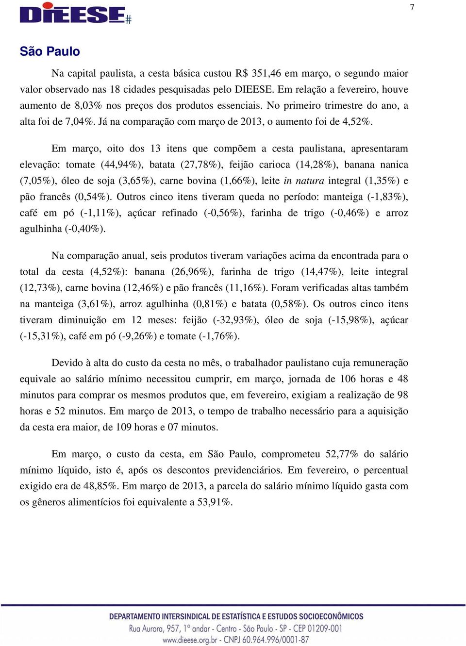 Em março, oito dos 13 itens que compõem a cesta paulistana, apresentaram elevação: tomate (44,94%), batata (27,78%), feijão carioca (14,28%), banana nanica (7,05%), óleo de soja (3,65%), carne bovina