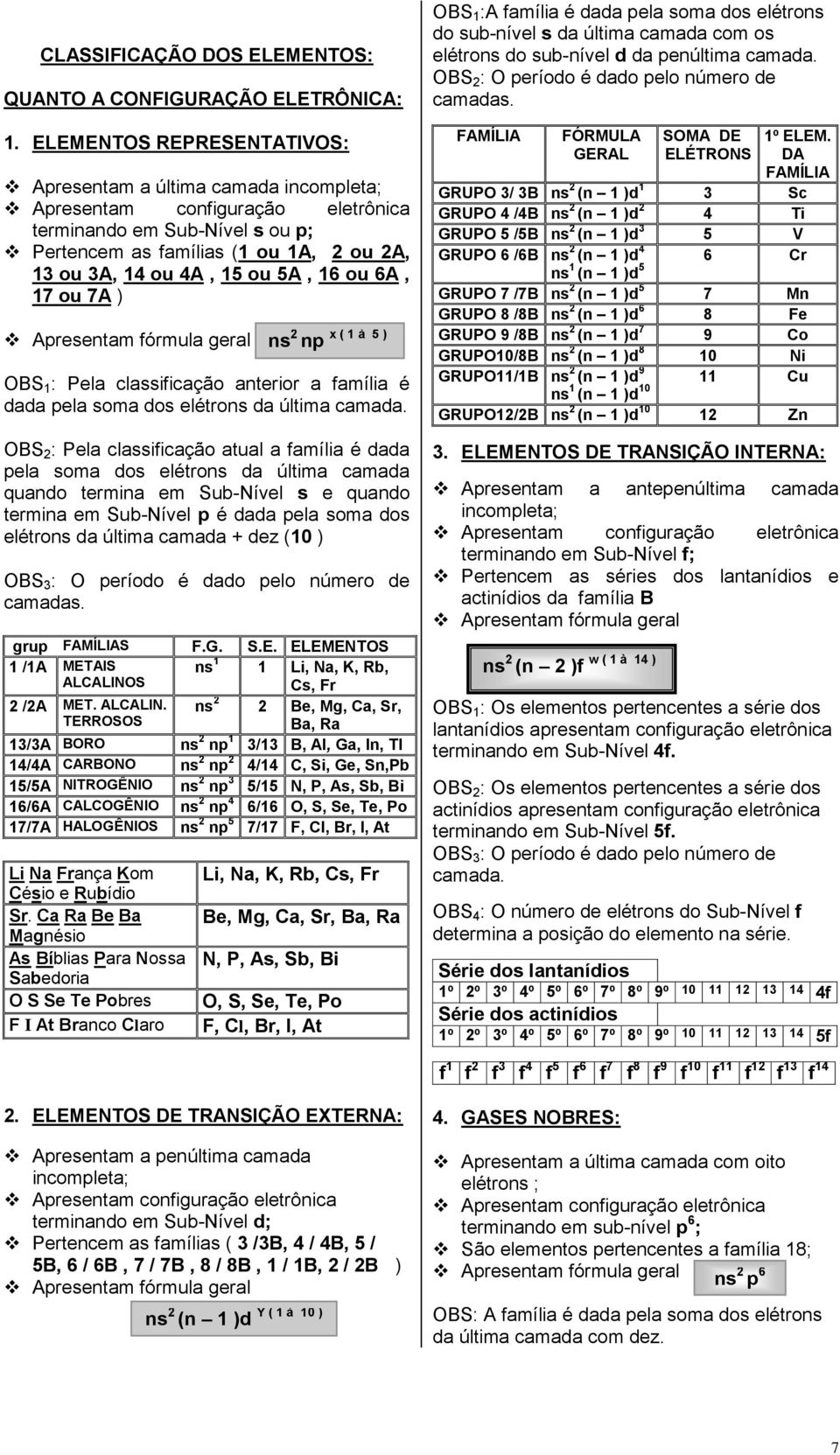 5A, 16 ou 6A, 17 ou 7A ) Apresentam fórmula geral OBS 1 : Pela classificação anterior a família é dada pela soma dos elétrons da última camada.