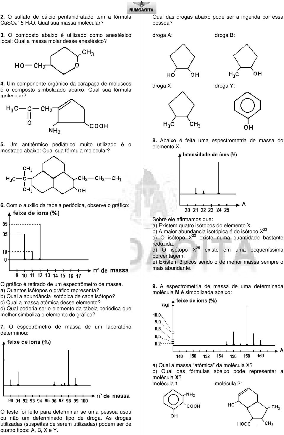 droga X: droga Y: 5. Um antitérmico pediátrico muito utilizado é o mostrado abaixo: Qual sua fórmula molecular? 8. Abaixo é feita uma espectrometria de massa do elemento X. 6.